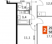 2-комн, 59 кв м, этаж 11/22 проспект Ленина, 217